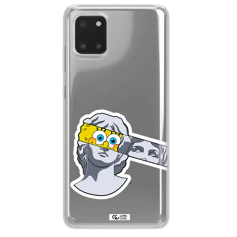 a cartoon of a statue with a yellow spongebob over its eyes Samsung A81 Clear TPU Case