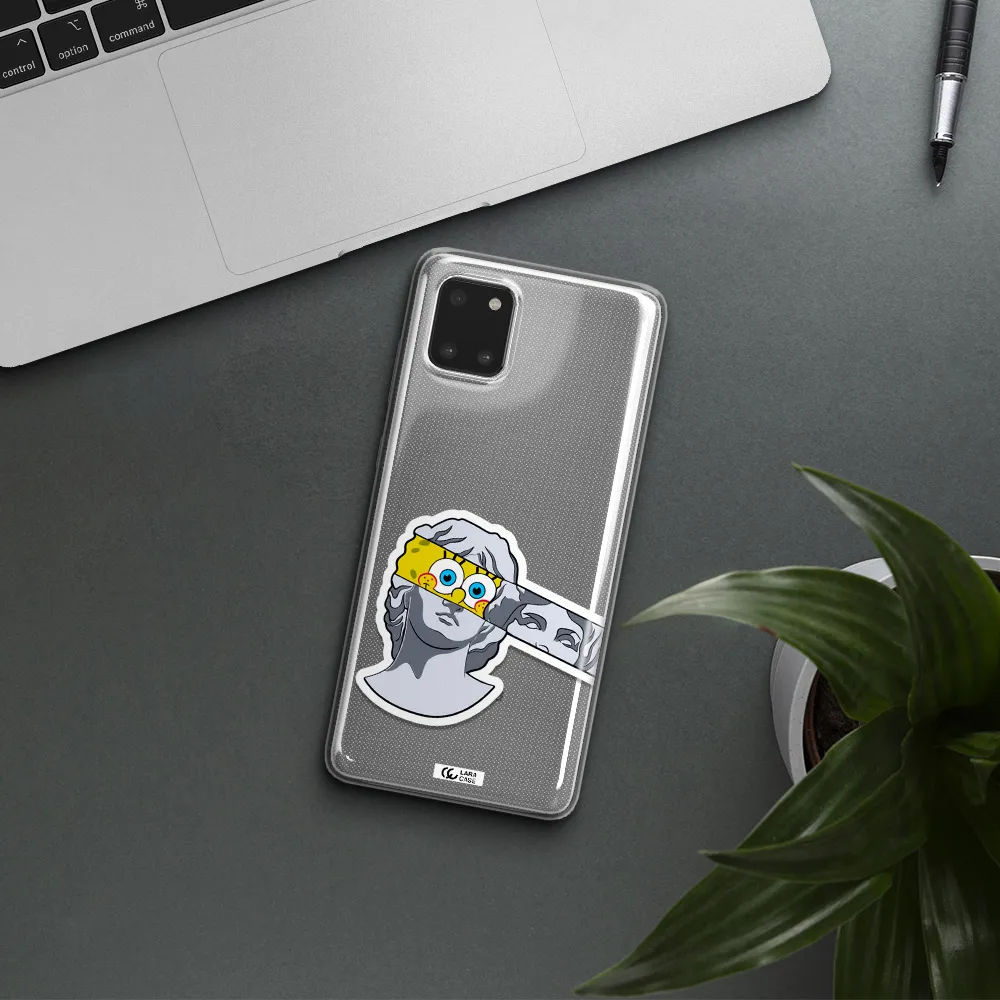 a cartoon of a statue with a yellow spongebob over its eyes Samsung A81 Clear TPU Case