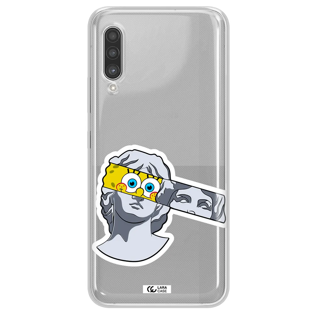 a cartoon of a statue with a yellow spongebob over its eyes Samsung A90 Clear TPU Case