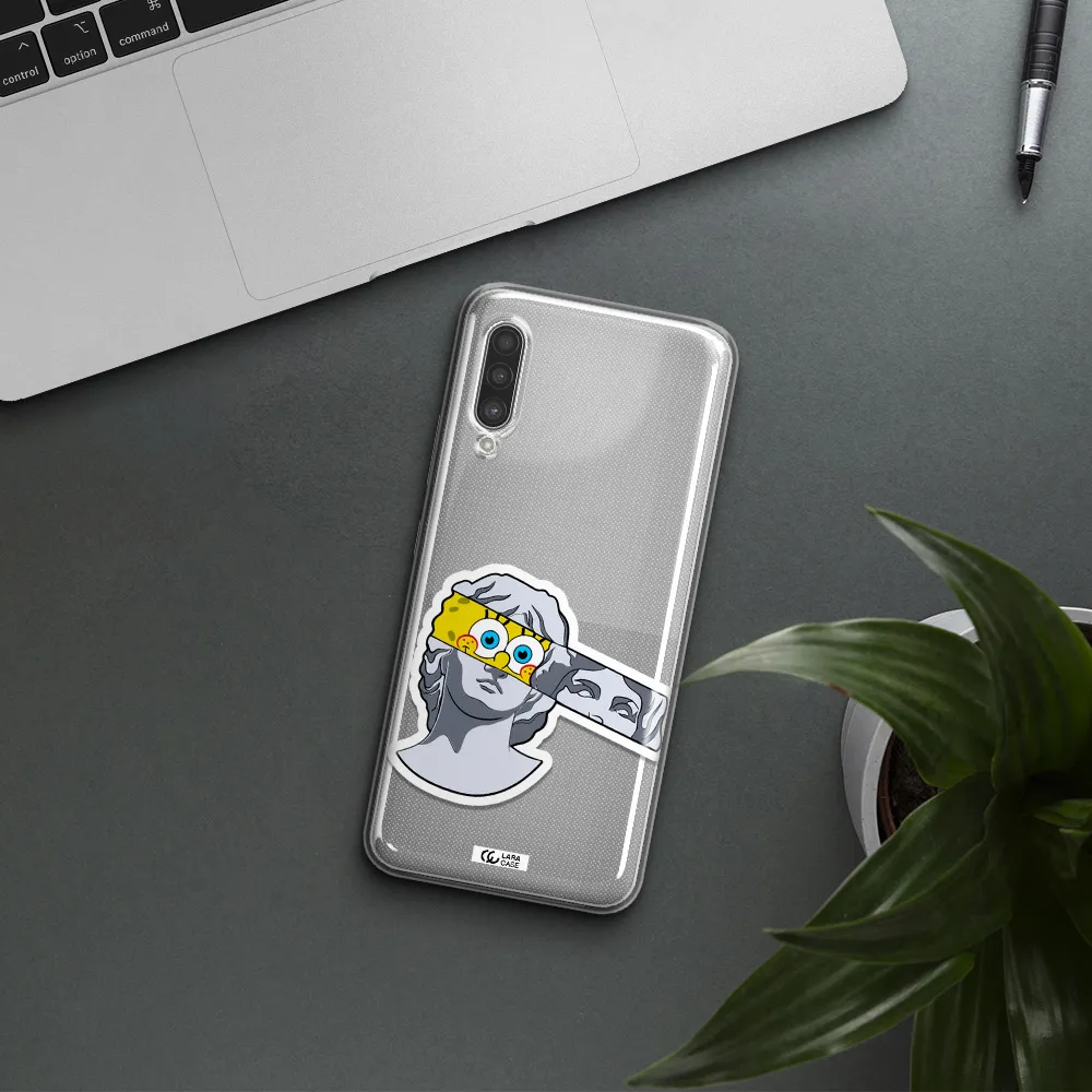 a cartoon of a statue with a yellow spongebob over its eyes Samsung A90 Clear TPU Case