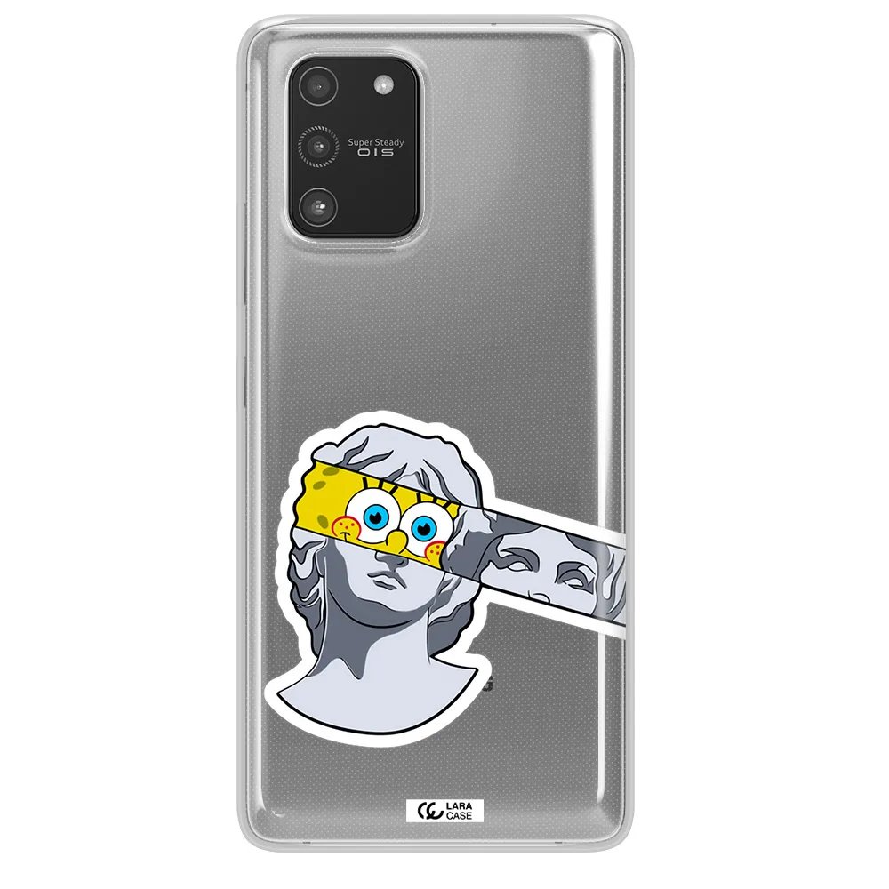 a cartoon of a statue with a yellow spongebob over its eyes Samsung A91 Clear TPU Case