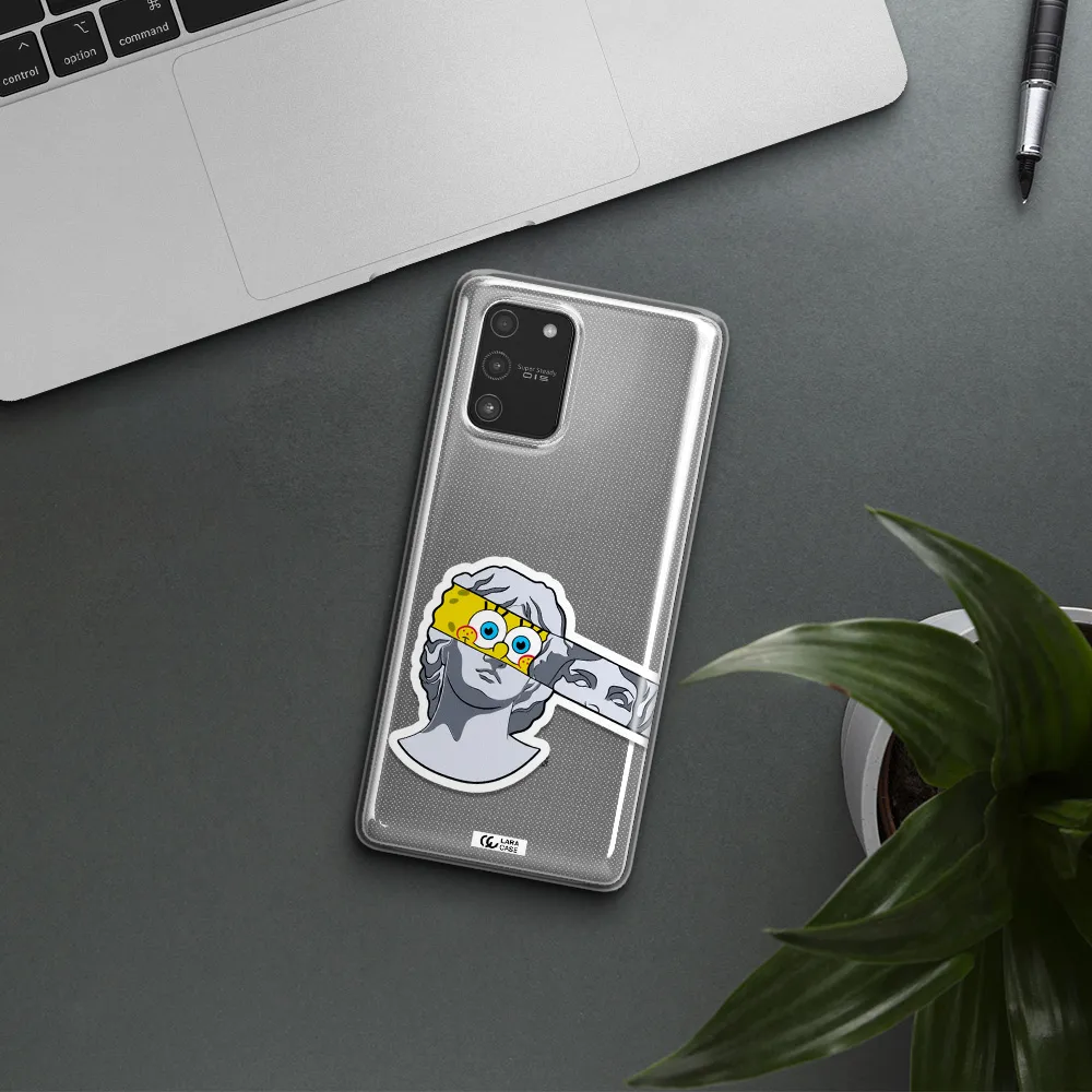 a cartoon of a statue with a yellow spongebob over its eyes Samsung A91 Clear TPU Case