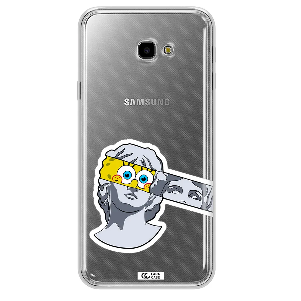 a cartoon of a statue with a yellow spongebob over its eyes Samsung J4 Plus Clear TPU Case