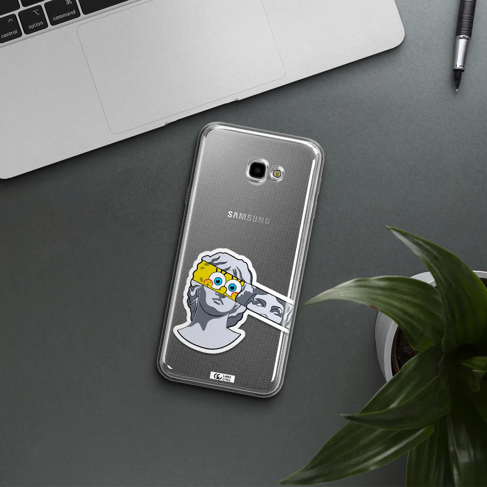 a cartoon of a statue with a yellow spongebob over its eyes Samsung J4 Plus Clear TPU Case