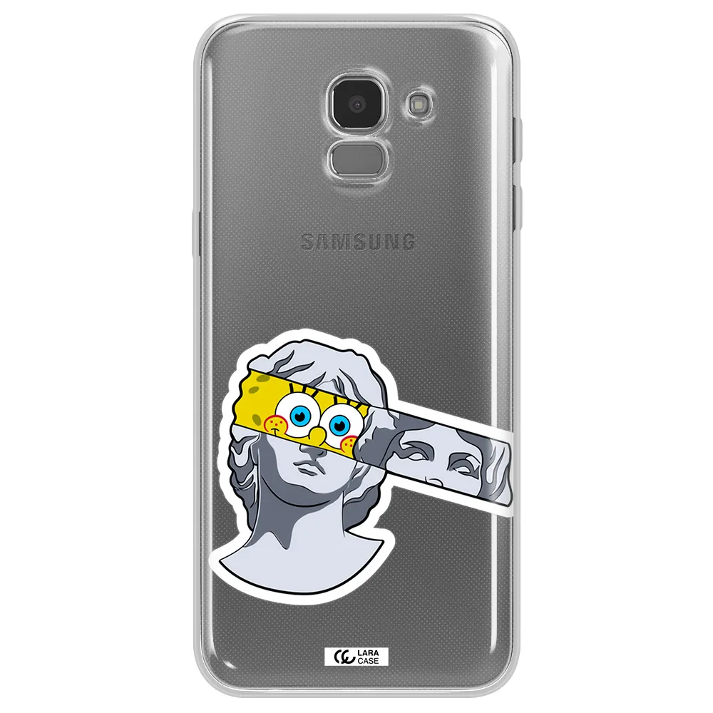 a cartoon of a statue with a yellow spongebob over its eyes Samsung J6 Clear TPU Case