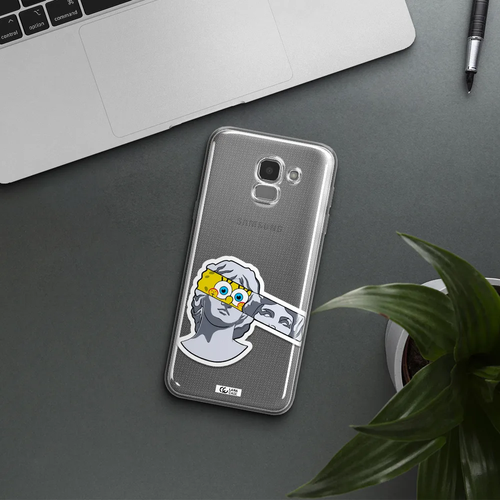 a cartoon of a statue with a yellow spongebob over its eyes Samsung J6 Clear TPU Case