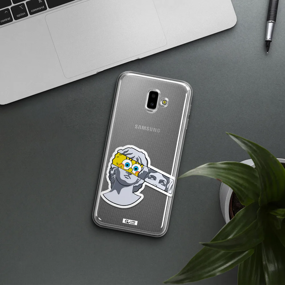 a cartoon of a statue with a yellow spongebob over its eyes Samsung J6 Plus Clear TPU Case