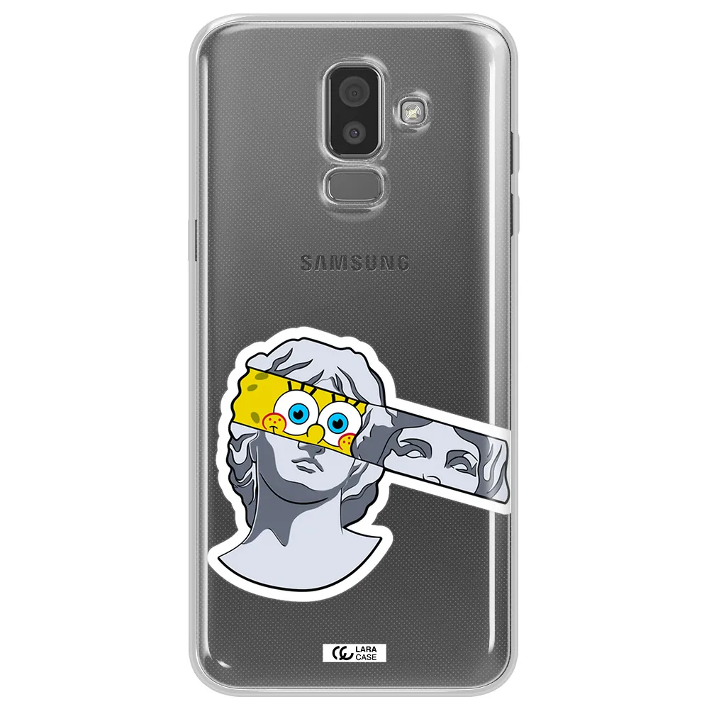a cartoon of a statue with a yellow spongebob over its eyes Samsung J8 Clear TPU Case