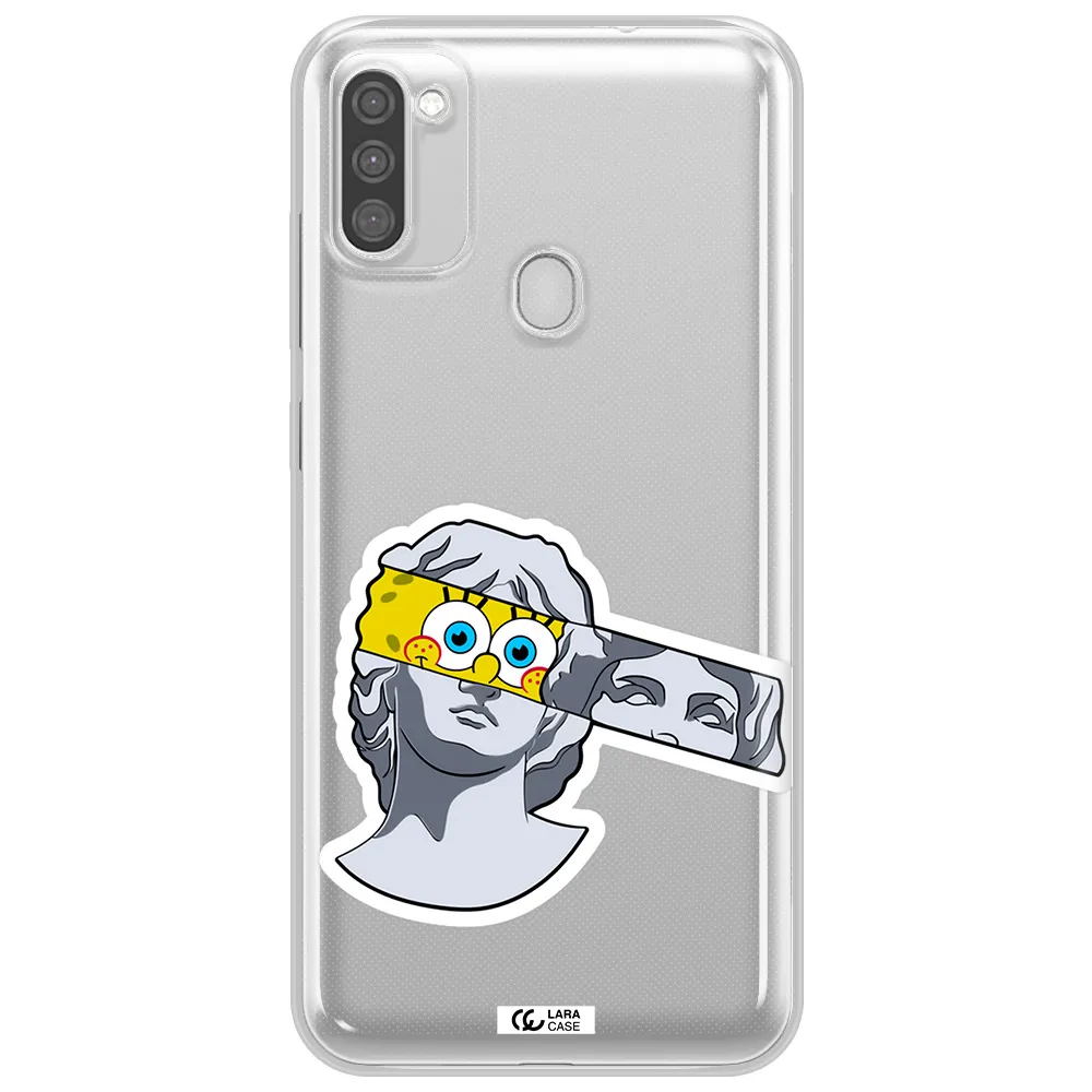 a cartoon of a statue with a yellow spongebob over its eyes Samsung M11 Clear TPU Case