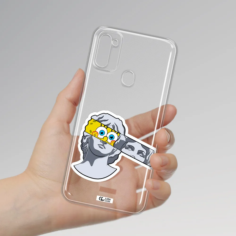 a cartoon of a statue with a yellow spongebob over its eyes Samsung M11 Clear TPU Case