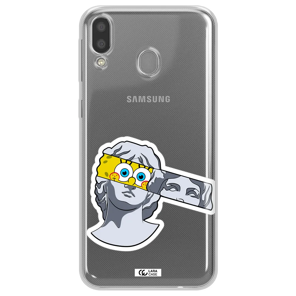 a cartoon of a statue with a yellow spongebob over its eyes Samsung M20 Clear TPU Case