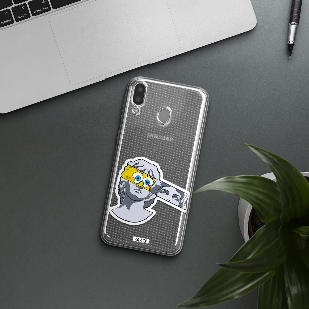 a cartoon of a statue with a yellow spongebob over its eyes Samsung M20 Clear TPU Case