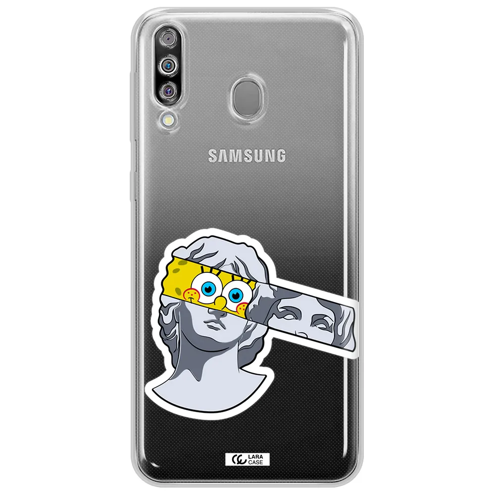 a cartoon of a statue with a yellow spongebob over its eyes Samsung M30 Clear TPU Case