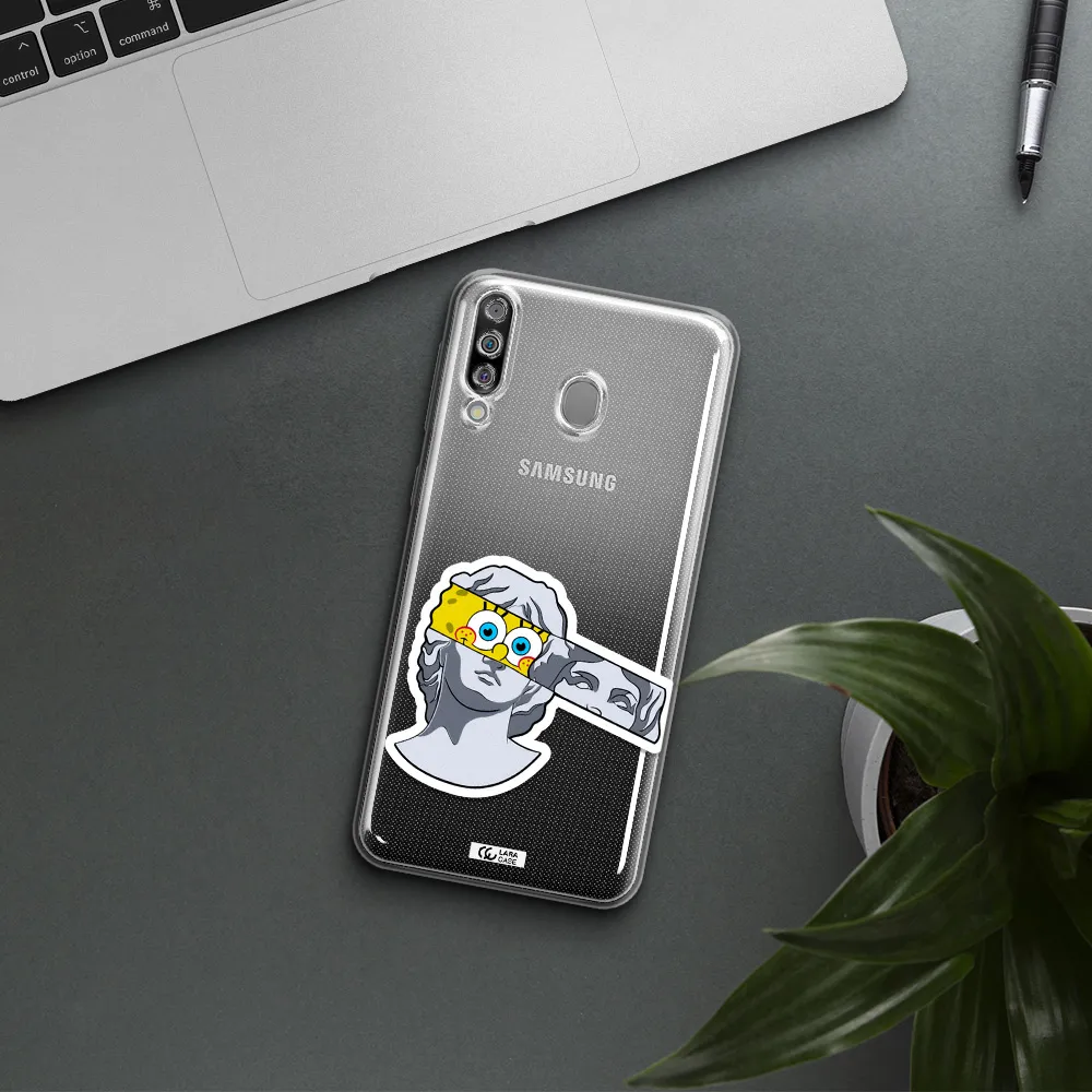 a cartoon of a statue with a yellow spongebob over its eyes Samsung M30 Clear TPU Case