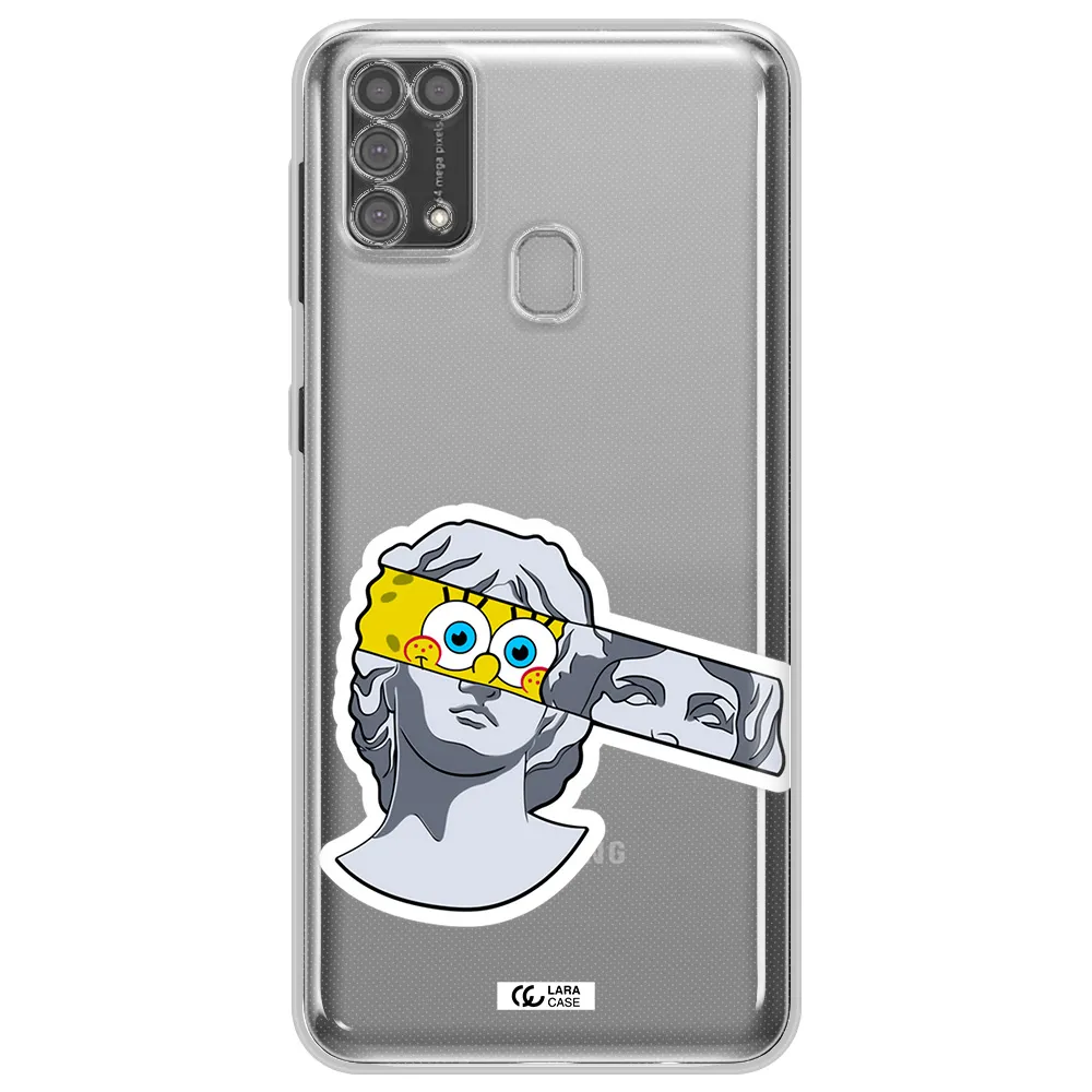 a cartoon of a statue with a yellow spongebob over its eyes Samsung M31 Clear TPU Case