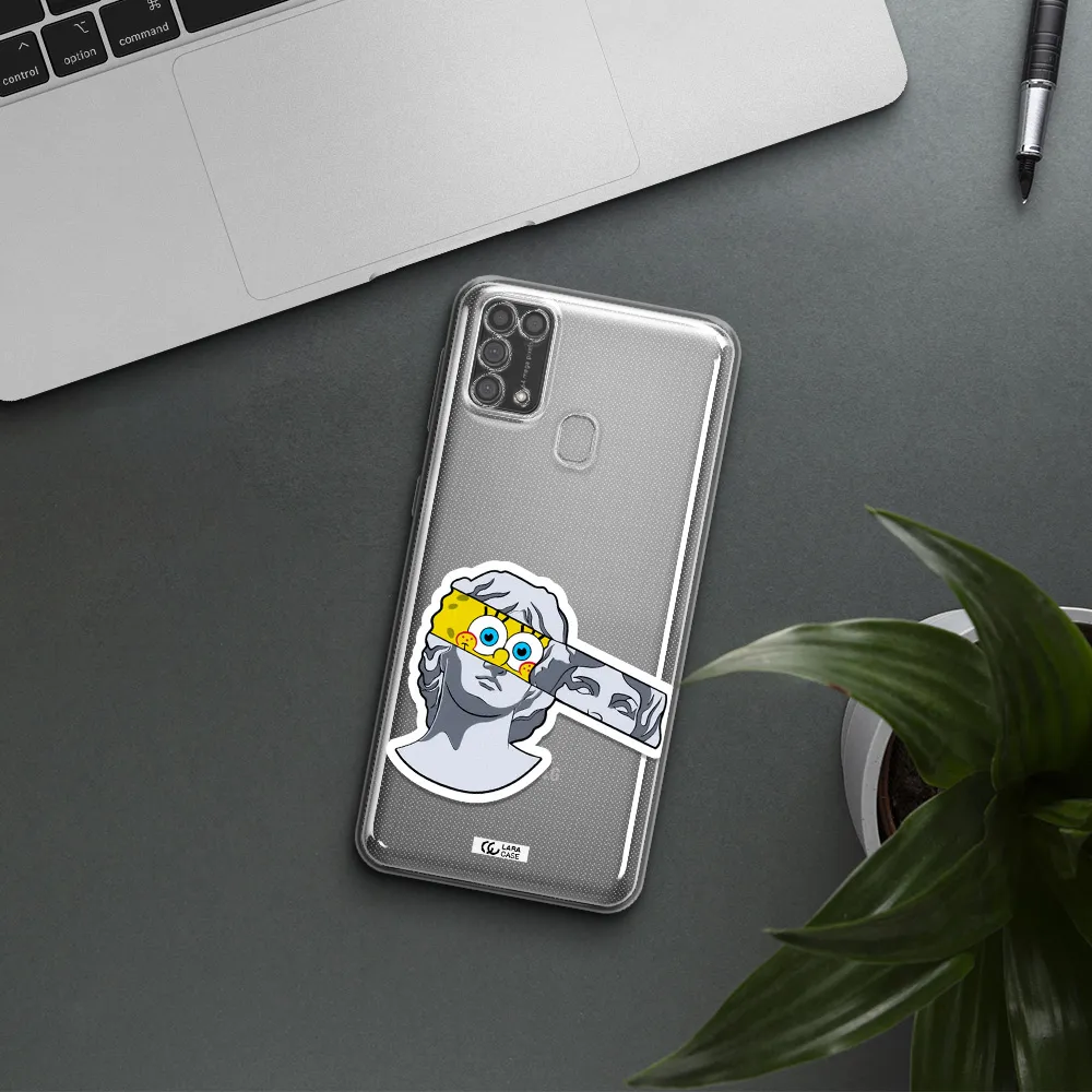 a cartoon of a statue with a yellow spongebob over its eyes Samsung M31 Clear TPU Case