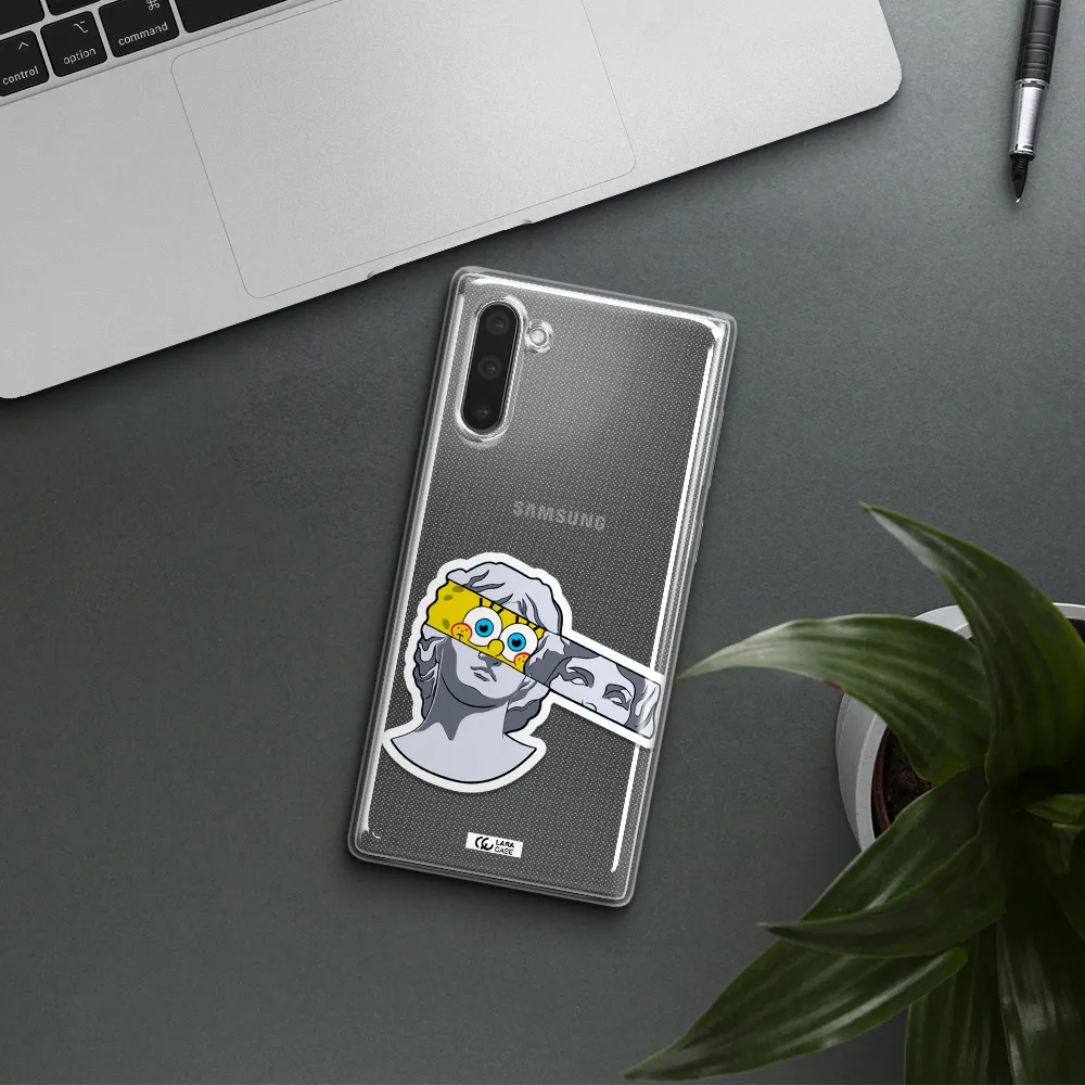 a cartoon of a statue with a yellow spongebob over its eyes Samsung Note 10 Clear TPU Case