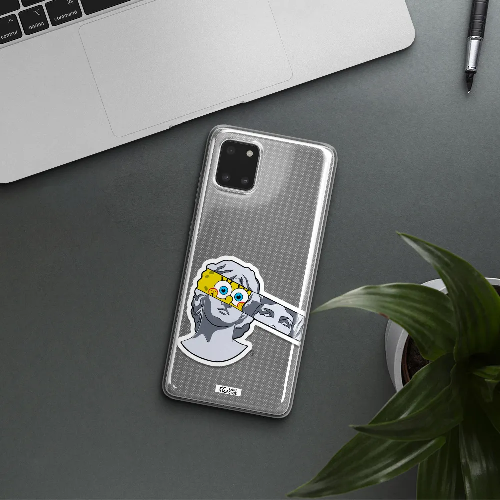 a cartoon of a statue with a yellow spongebob over its eyes Samsung Note 10 Lite Clear TPU Case