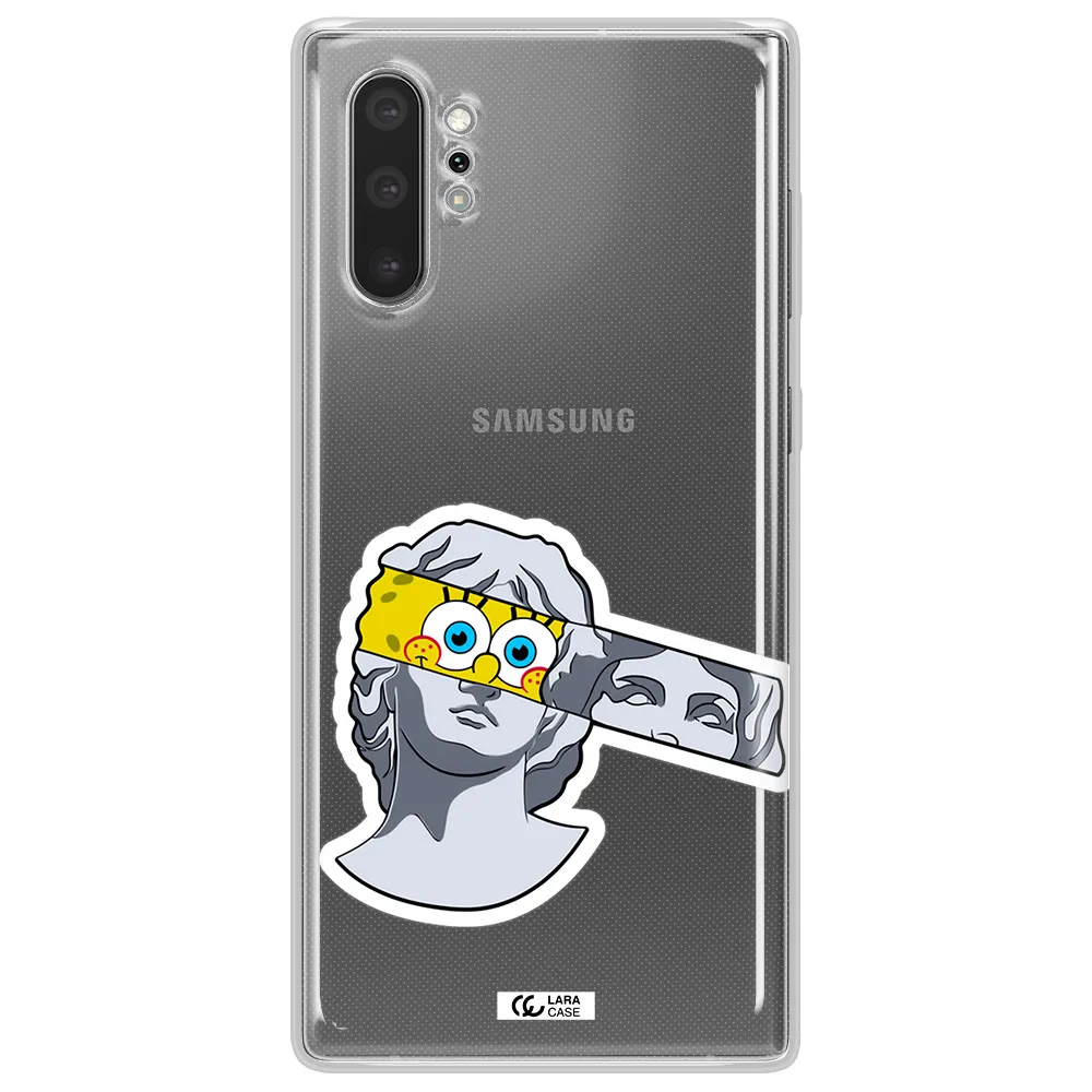 a cartoon of a statue with a yellow spongebob over its eyes Samsung Note 10 Plus Clear TPU Case