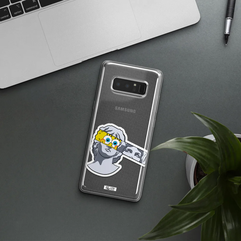 a cartoon of a statue with a yellow spongebob over its eyes Samsung Note 8 Clear TPU Case