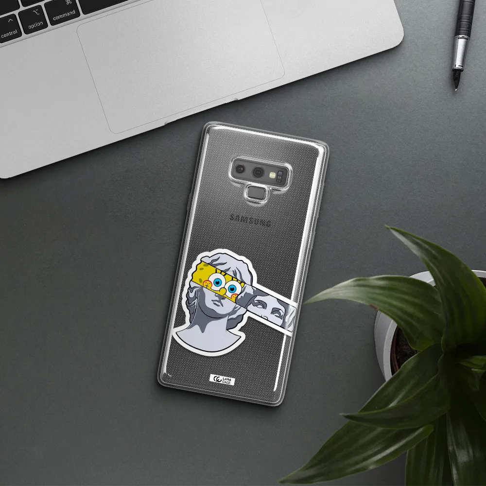 a cartoon of a statue with a yellow spongebob over its eyes Samsung Note 9 Clear TPU Case