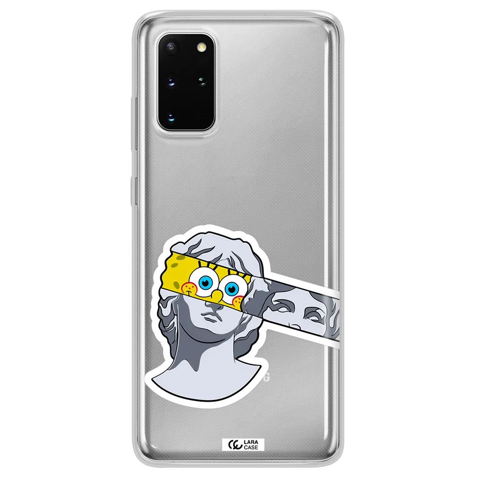a cartoon of a statue with a yellow spongebob over its eyes Samsung S 20 Plus Clear TPU Case