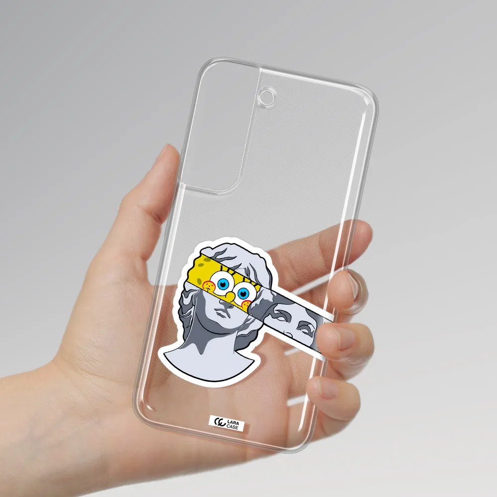 a cartoon of a statue with a yellow spongebob over its eyes Samsung S 22 Clear TPU Case