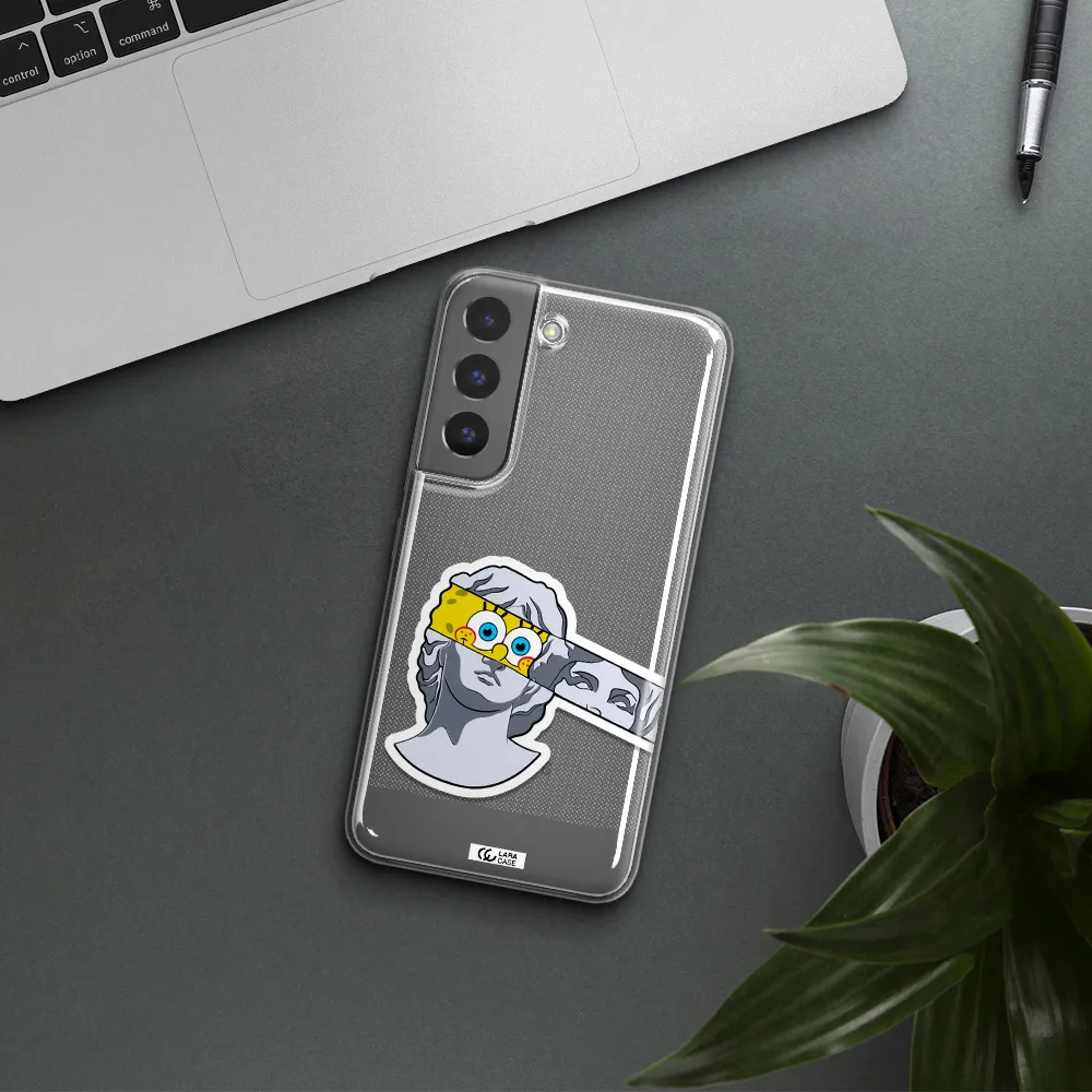 a cartoon of a statue with a yellow spongebob over its eyes Samsung S 22 Clear TPU Case