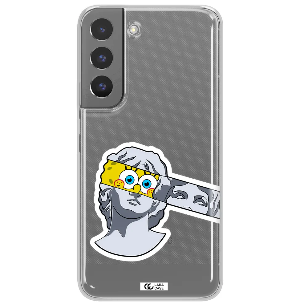 a cartoon of a statue with a yellow spongebob over its eyes Samsung S 22 Plus Clear TPU Case