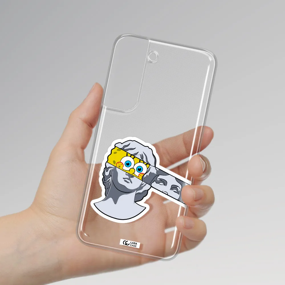a cartoon of a statue with a yellow spongebob over its eyes Samsung S 22 Plus Clear TPU Case