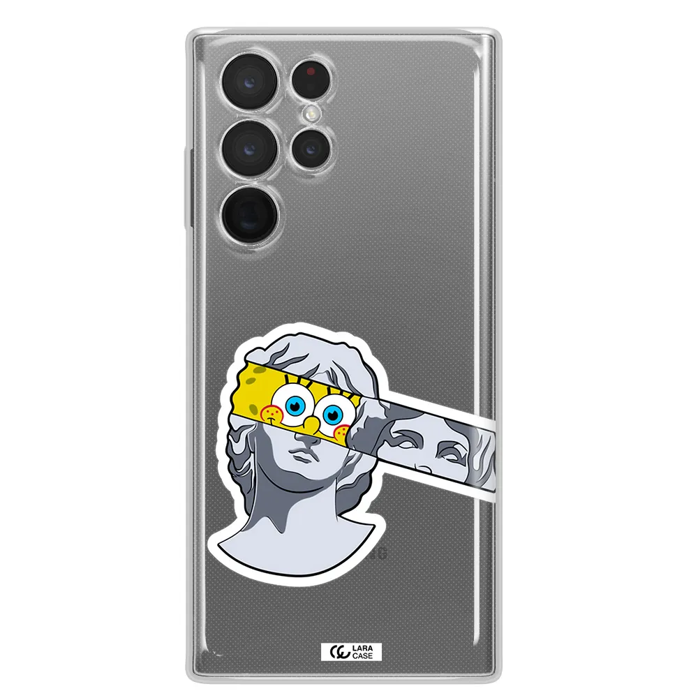 a cartoon of a statue with a yellow spongebob over its eyes Samsung S 22 Ultra Clear TPU Case