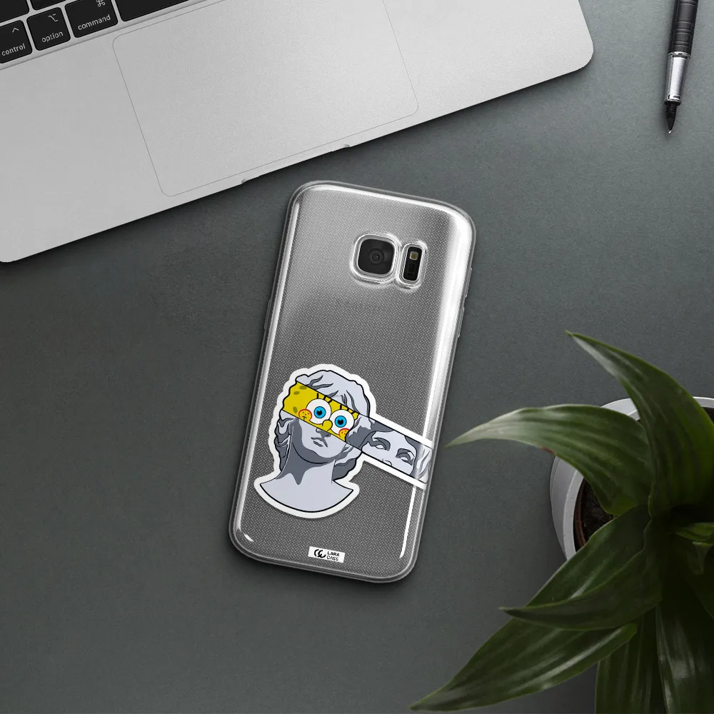 a cartoon of a statue with a yellow spongebob over its eyes Samsung S 7 Clear TPU Case