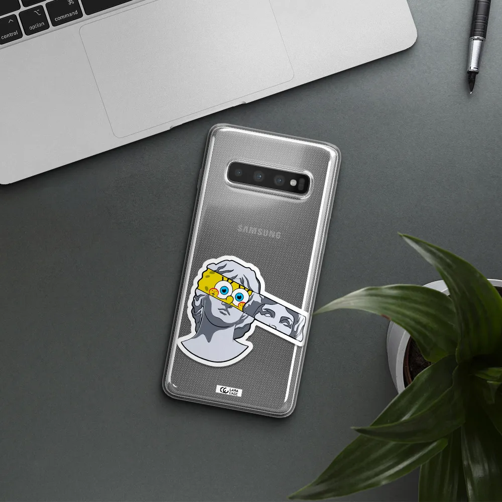 a cartoon of a statue with a yellow spongebob over its eyes Samsung S10 Clear TPU Case
