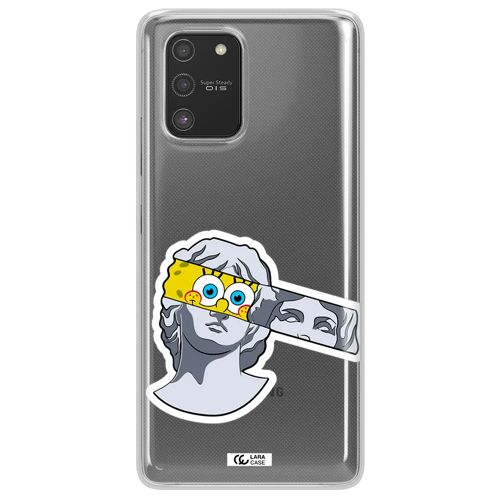 a cartoon of a statue with a yellow spongebob over its eyes Samsung S10 Lite Clear TPU Case