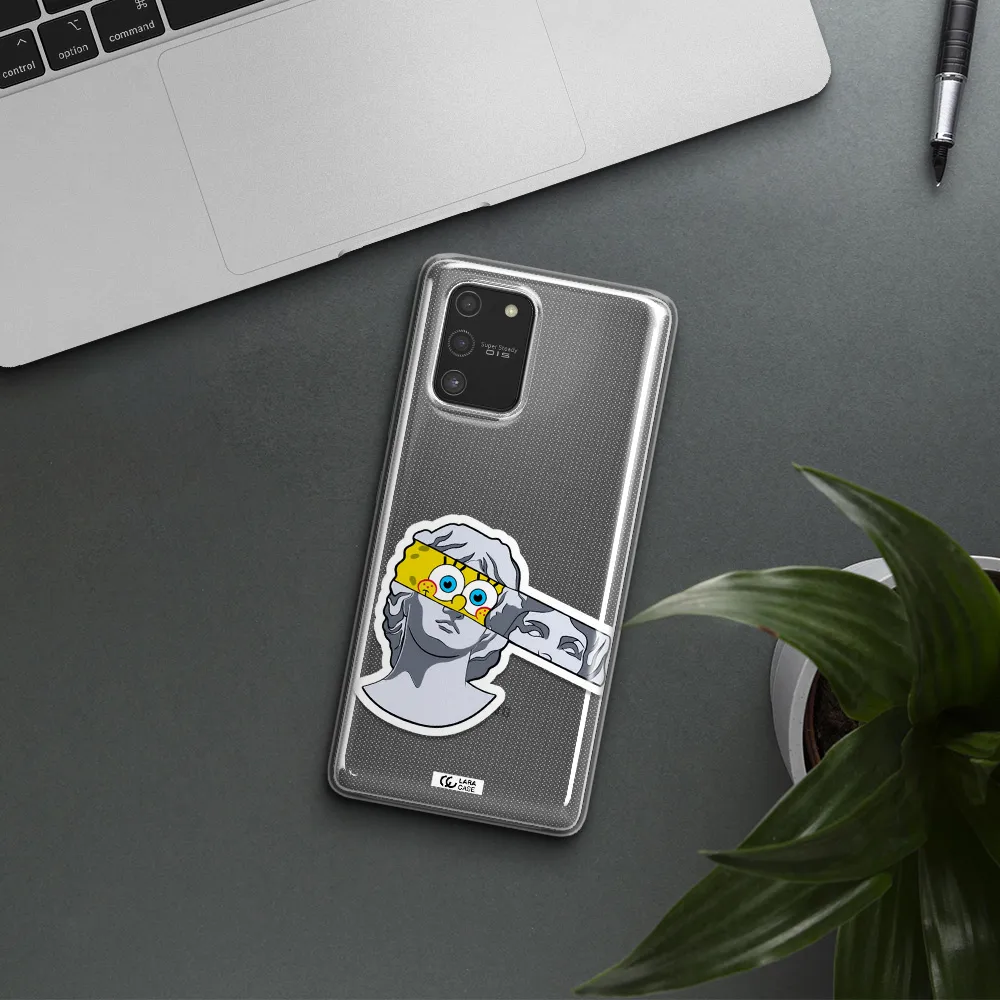 a cartoon of a statue with a yellow spongebob over its eyes Samsung S10 Lite Clear TPU Case