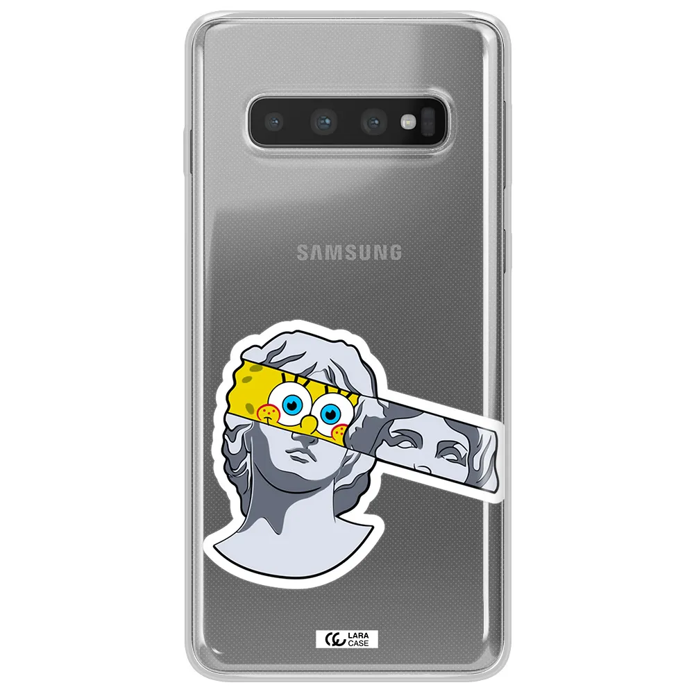 a cartoon of a statue with a yellow spongebob over its eyes Samsung S10 Plus Clear TPU Case