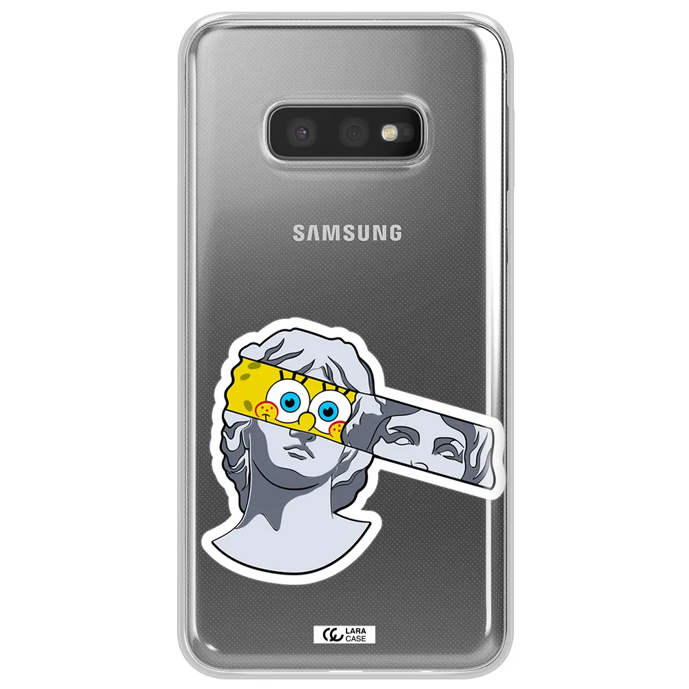 a cartoon of a statue with a yellow spongebob over its eyes Samsung S10e Clear TPU Case