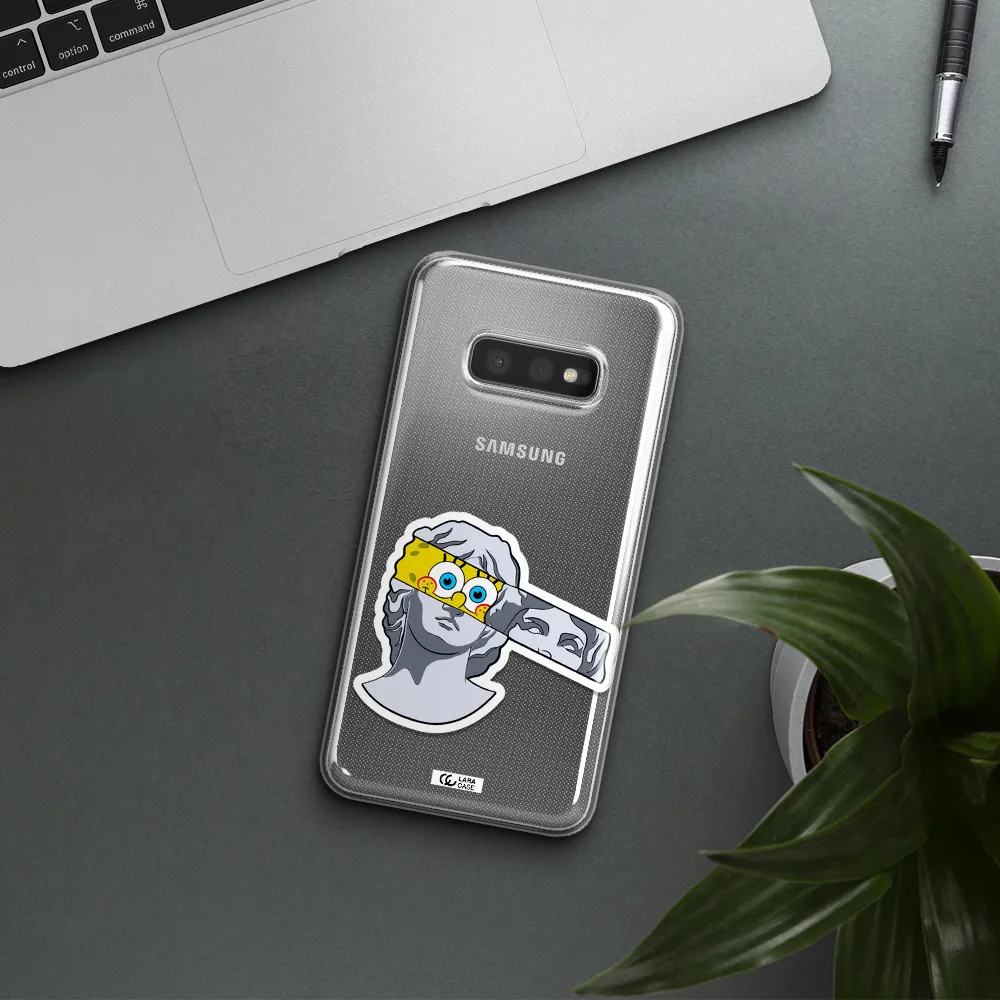 a cartoon of a statue with a yellow spongebob over its eyes Samsung S10e Clear TPU Case
