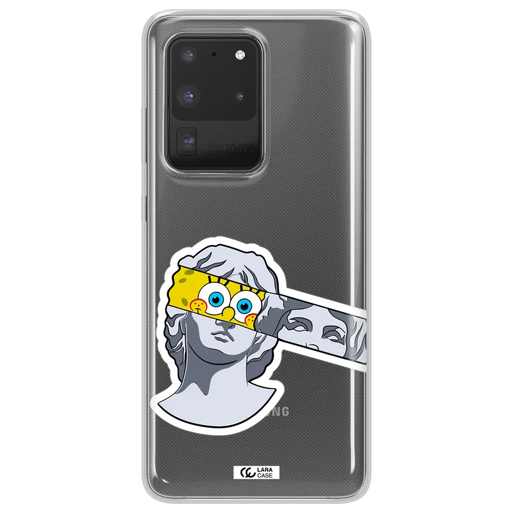 a cartoon of a statue with a yellow spongebob over its eyes Samsung S20 Ultra Clear TPU Case