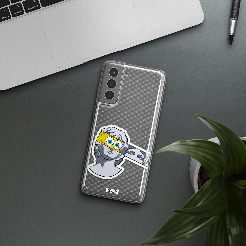 a cartoon of a statue with a yellow spongebob over its eyes Samsung S21 Clear TPU Case