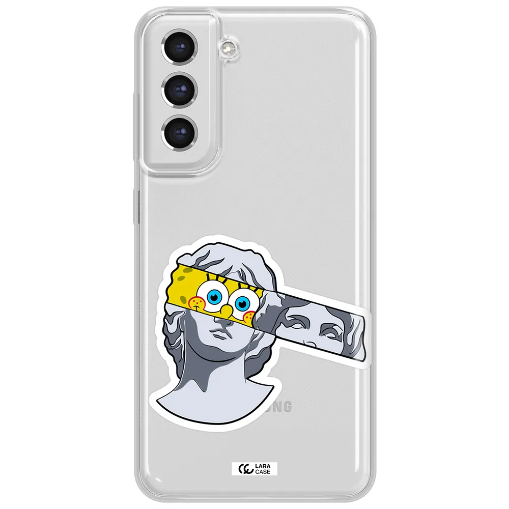 A Cartoon Of A Statue With A Yellow Spongebob Over Its Eyes Samsung S21 Fe Clear Tpu Case