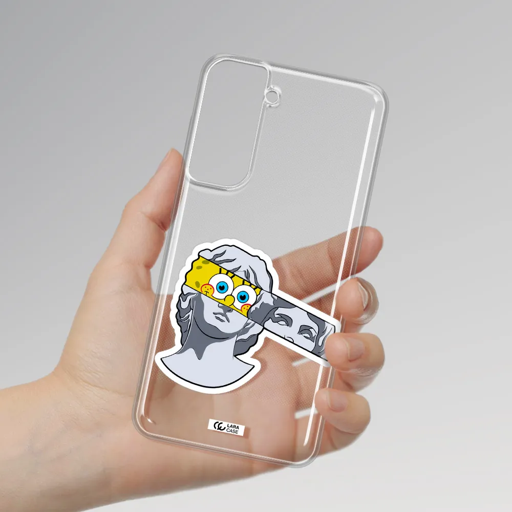 A Cartoon Of A Statue With A Yellow Spongebob Over Its Eyes Samsung S21 Fe Clear Tpu Case