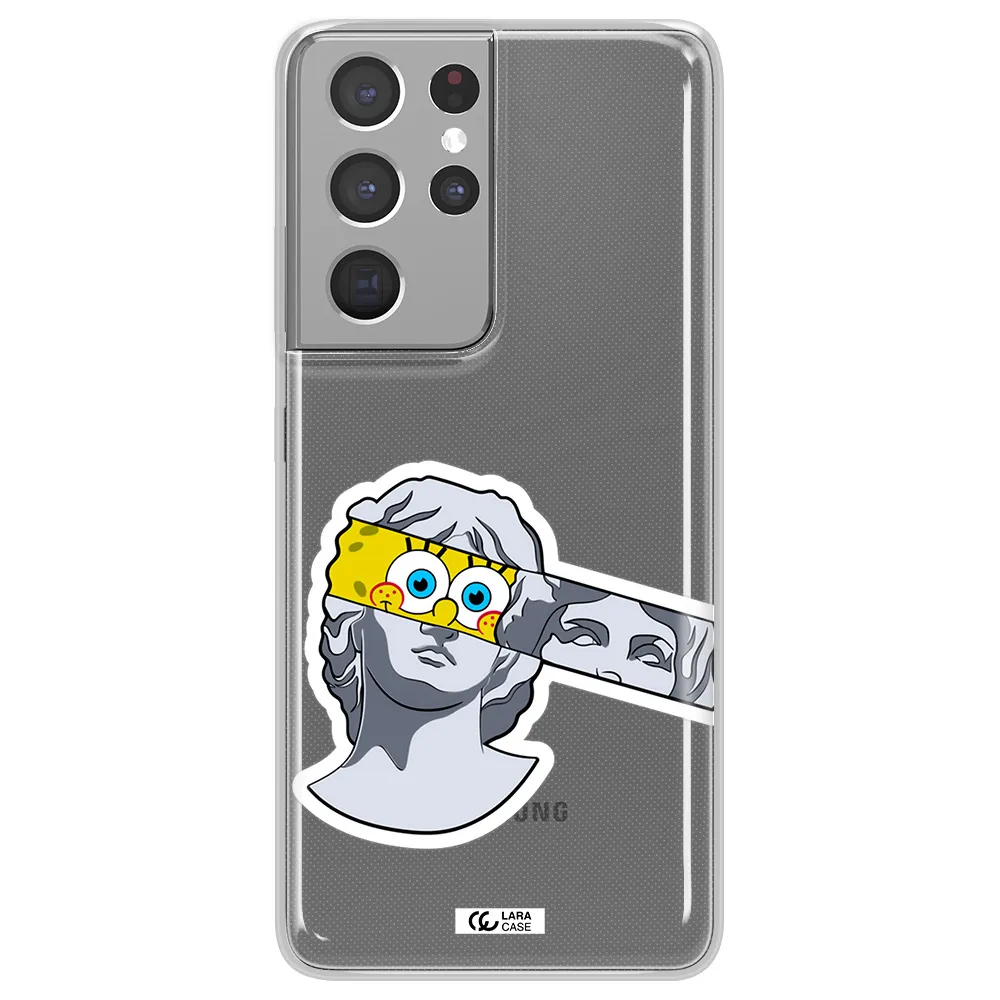 a cartoon of a statue with a yellow spongebob over its eyes Samsung S21 Ultra Clear TPU Case