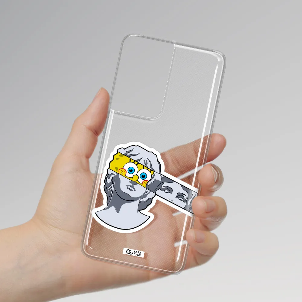 a cartoon of a statue with a yellow spongebob over its eyes Samsung S21 Ultra Clear TPU Case