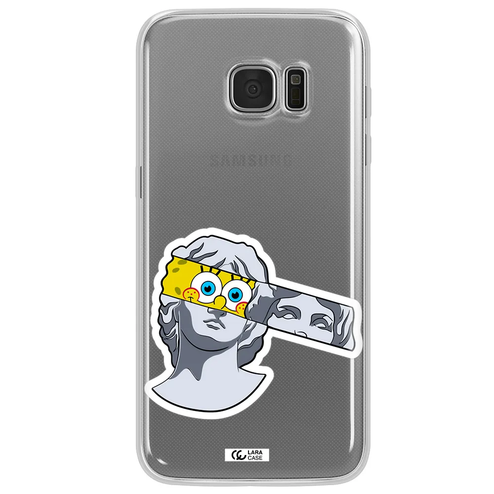 a cartoon of a statue with a yellow spongebob over its eyes Samsung S7 Edge Clear TPU Case