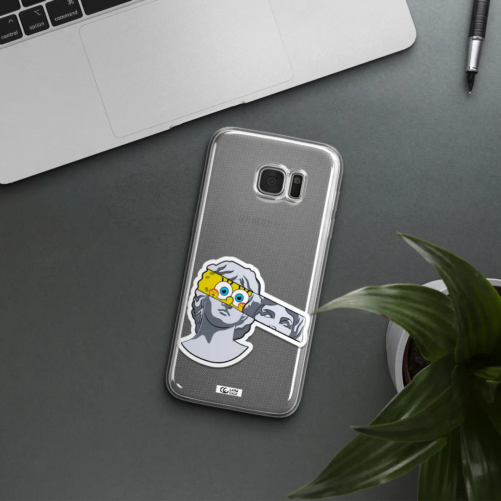 a cartoon of a statue with a yellow spongebob over its eyes Samsung S7 Edge Clear TPU Case