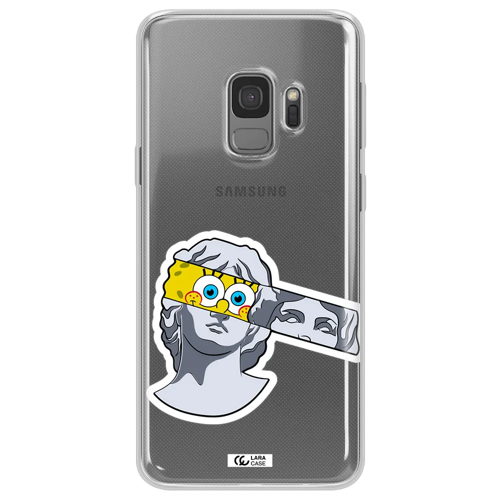a cartoon of a statue with a yellow spongebob over its eyes Samsung S9 Clear TPU Case