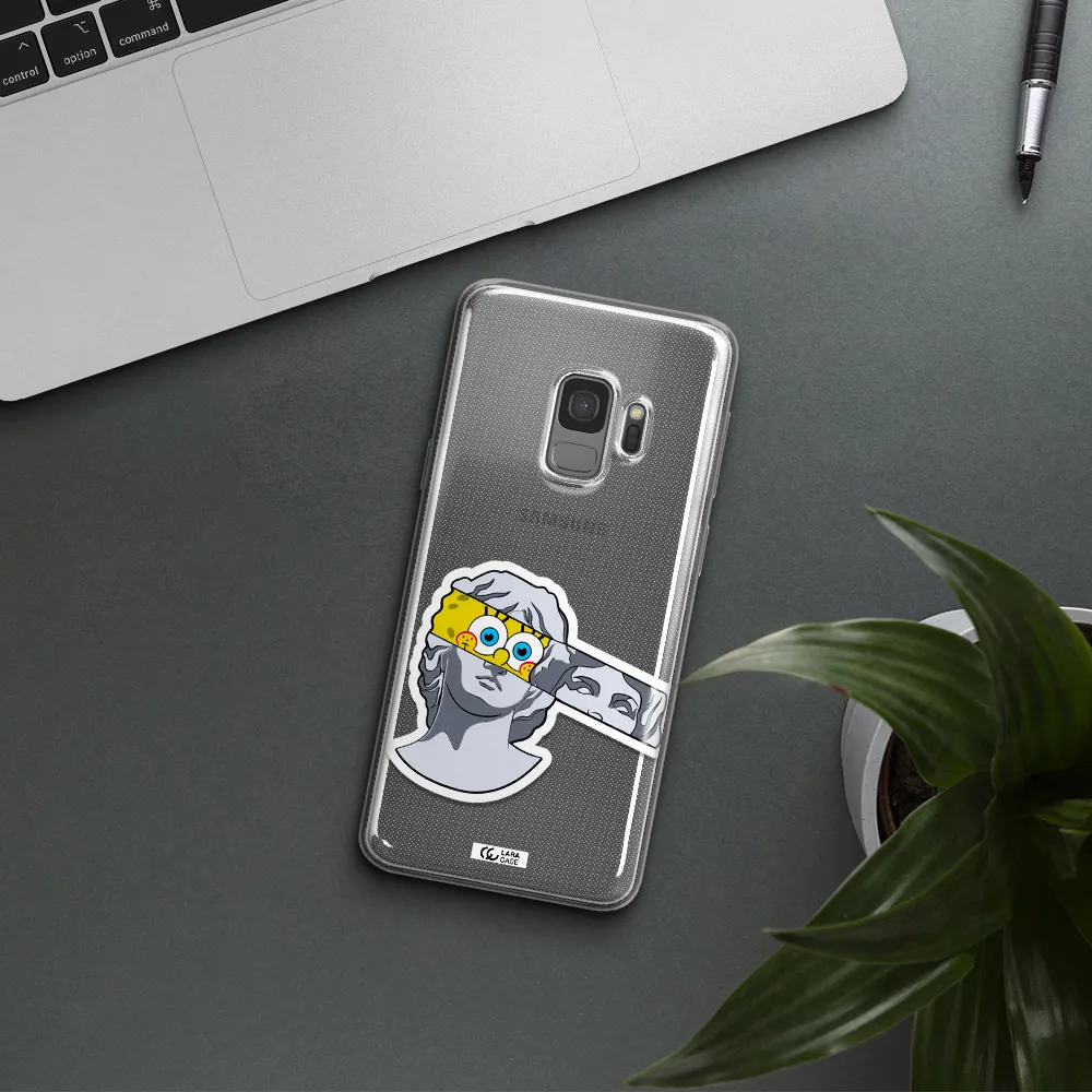 a cartoon of a statue with a yellow spongebob over its eyes Samsung S9 Clear TPU Case