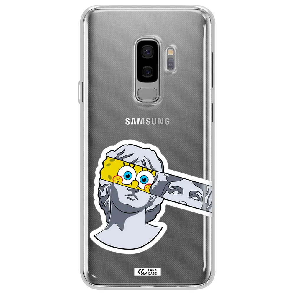 a cartoon of a statue with a yellow spongebob over its eyes Samsung S9 Plus Clear TPU Case