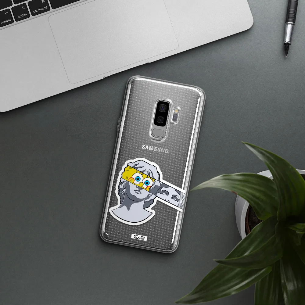 a cartoon of a statue with a yellow spongebob over its eyes Samsung S9 Plus Clear TPU Case